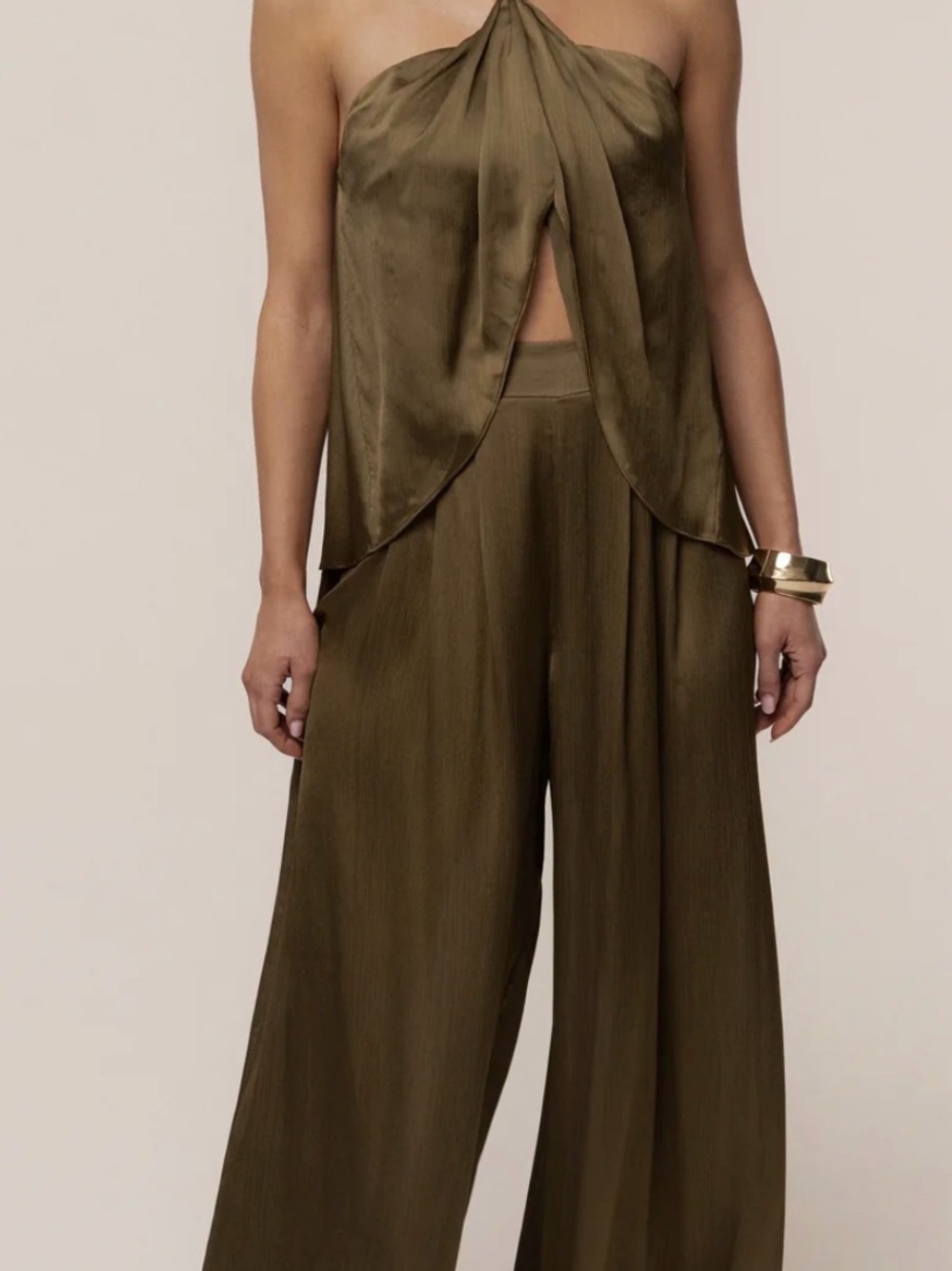 Olive Wide-Leg Satin Pant Set